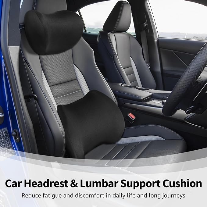Black Memory Foam Car Seat Support Set, Headrest and Lumbar Cushion with Detachable Zipper Cover