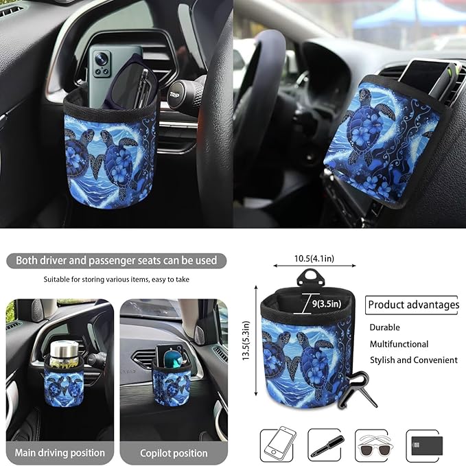 10 Pcs Car Seat Covers Full Set Interior Sets, Sea Turtle Flower Printed High Back Car Front Rear Seat Cover with Steering Wheel Cover Keychain Coaster Trash Can Air Vent Storage Bag