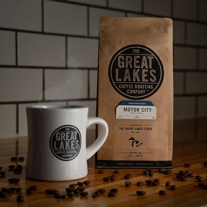 Great Lakes Medium Roast Whole Bean Coffee, Motor City Signature Blend, Farmer Direct Sourced from Brazil, Columbia, and Guatemala, 12 Ounces