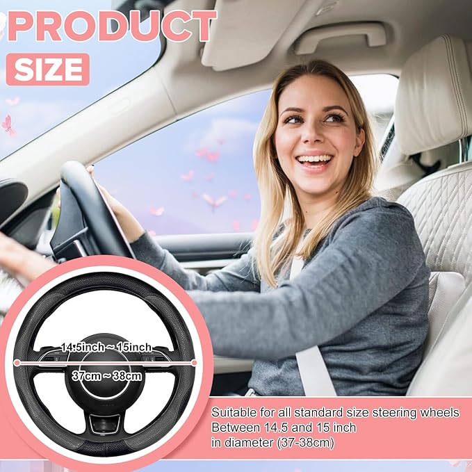Gray Steering Wheel Cover,Slip-Proof Breathable Comfort PU Imitation Leather Cute Car Accessories for Women Girl, Universal Protector in All Season 15 inch Fit Most Car