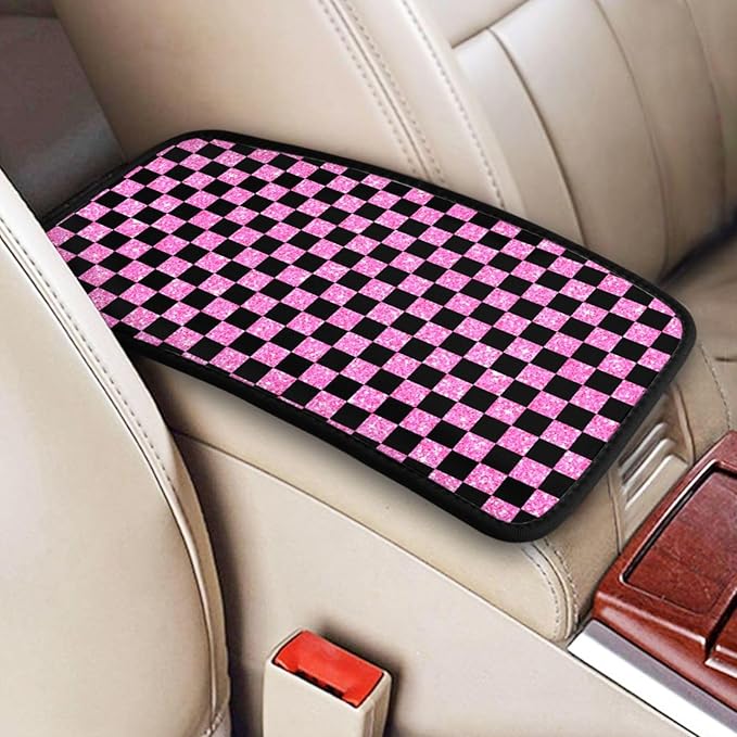 Glitter Pink Black Checkered Chessboard Flag Car Armrest Pad Cute Cars Center Console Cover Auto Handrail Box Cushion Armrests Cover