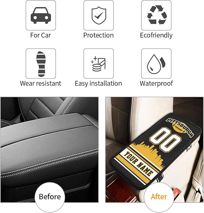 Custom Pittsburgh Car Armrest Covers Personalized Football Style with Name Number Customized Auto Center Console Pad Car Handrail Box Cushion for Most Vehicle Decor Accessories, Fans Gift
