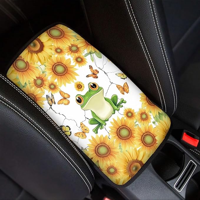 Floral Frog Car Center Console Cushion Pad Cute Armrest Box Protector Cover Universal Fit Dustproof Car Arm Rest Cover Cute Frog Automotive Interior Decorations