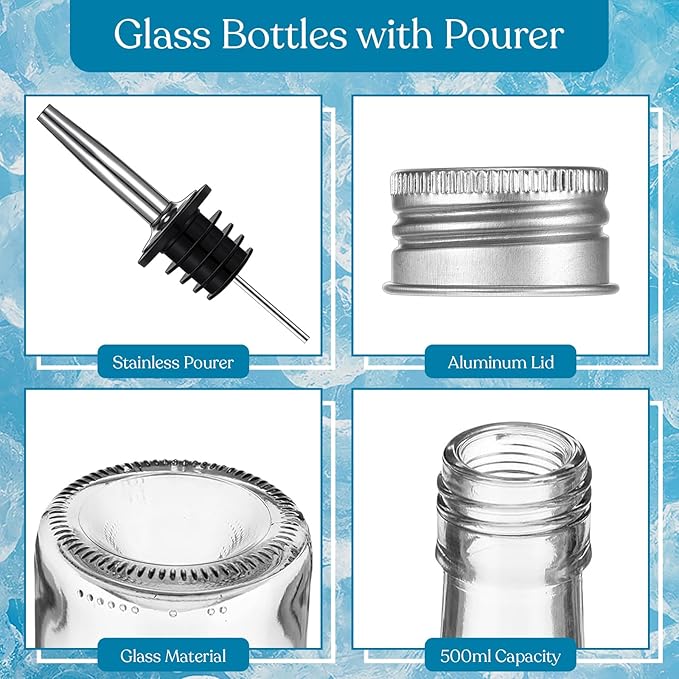 Baderke 8pcs 17oz Glass Long Neck Bottles Glass Pour Liquor Bottles Bar Juice Pour Syrup Bottle with Pourer & Caps Pourer Tapered Spout for Liquor Wine Juice Snowcone Syrup