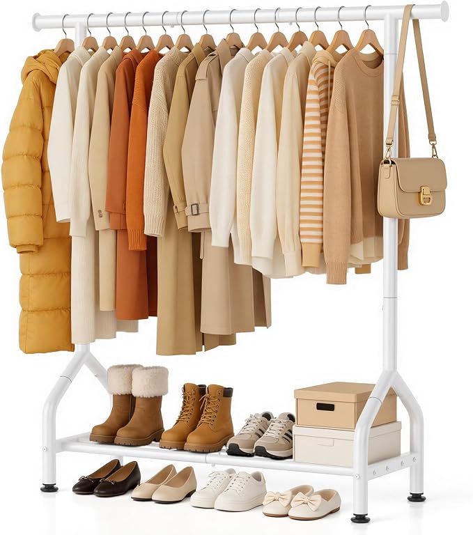 EAGMAK Sturdy Clothing Racks with Shelf, Metal Clothes Rack with Leveling Feet for Hanging Clothes, Freestanding Garment Coat Rack for Bedroom, Apartment & Small Spaces, White