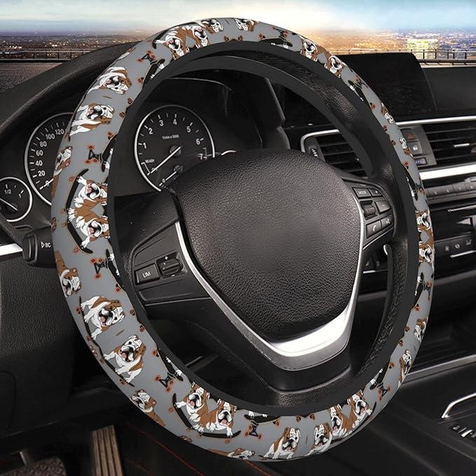 English Bulldog Skateboard Neoprene Steering Wheel Covers Women Men Car Accessories, Universal 15 Inch Fit Auto, Suvs, Truck