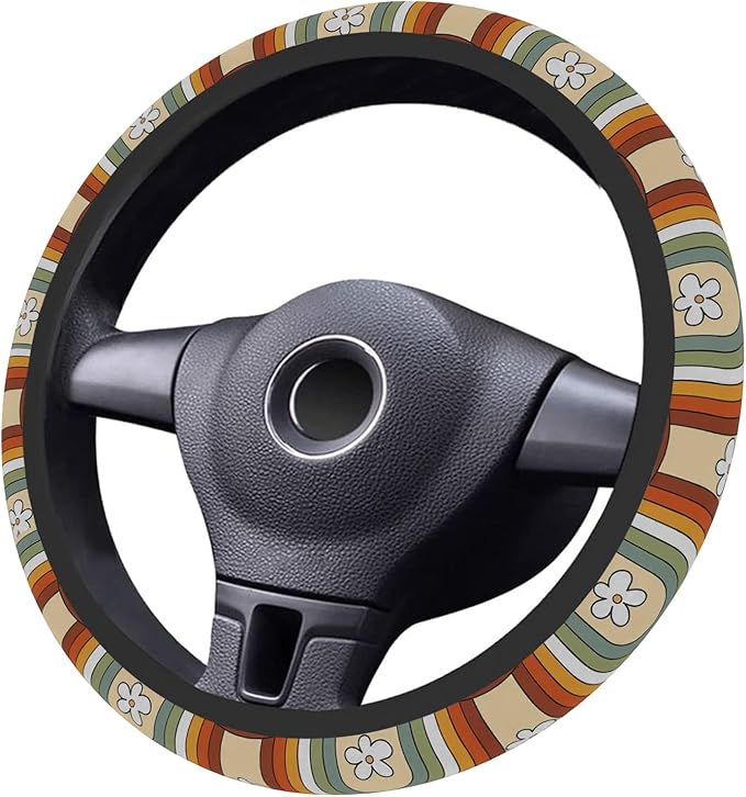 Car Steering Wheel Cover for Women Men, Non-Slip Rainbow Retro Steering Wheel Protector, Universal 14"-15" Fit for Cars, SUVs, Trucks (Rainbow Retro)