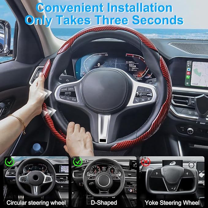 Carbon Fiber Steering Wheel Cover 3PCS, Non-Slip Grip for Universal Cars,Fit for 14–16 Inch Wheels, Interior Accessories for Cars Trucks (red)
