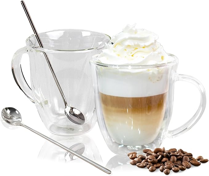 AYL Double Wall Glass Coffee Mugs - 13 oz Insulated Clear Latte Mugs Set of 2, Perfect for Espresso, Cappuccino, Latte, Tea - Elegant Glass Coffee Cups