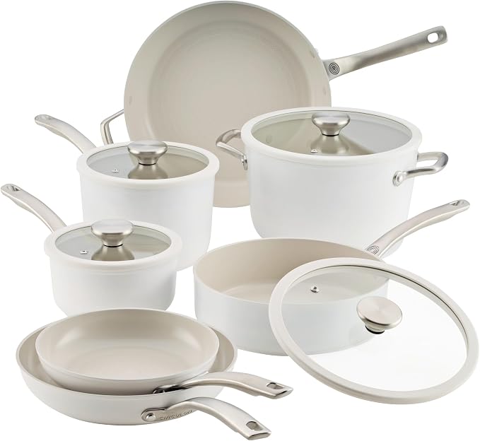 Circulon Halo with LaserDefense Ceramic Nonstick Cookware Set, 11-Piece Pots and Pans Set, Pearl White