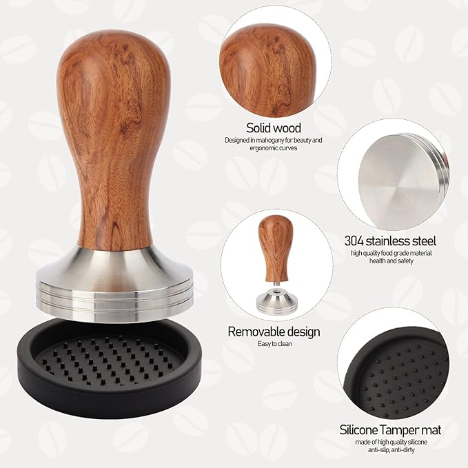 58mm Espresso Tamper Kit, Hard Wood Espresso Tamper Tool & Powder Press Pad & 8-Needles Espresso Stirrers For 58 mm Portafilter