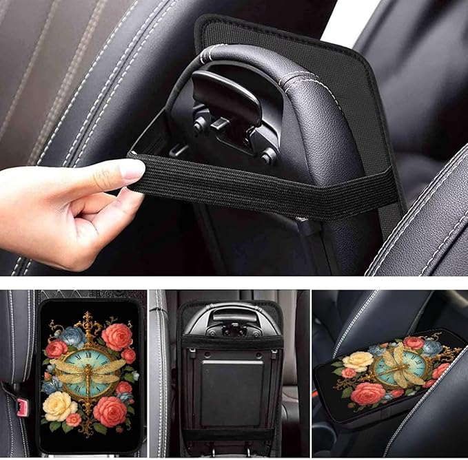 Vintage Floral Dragonfly Clock Print Center Console Cover,Auto Armrest Cover Universal Fit