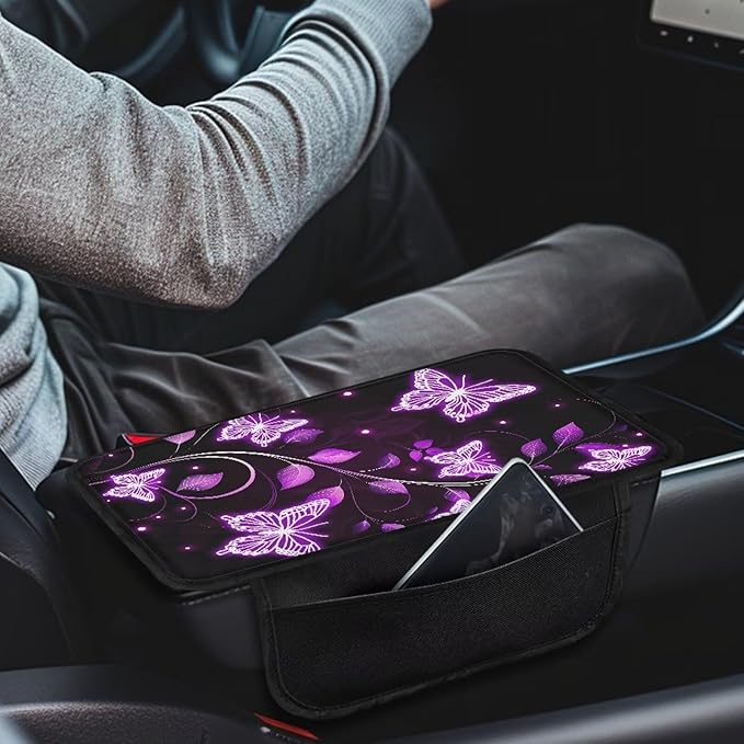 Dreaweet Purple Butterfly Car Armrest Cover for Women Center Console Cover with Storage Pockets Comfortable Car Arm Rest Cover Pad Non Slip Console Covers for Car SUV Trucks