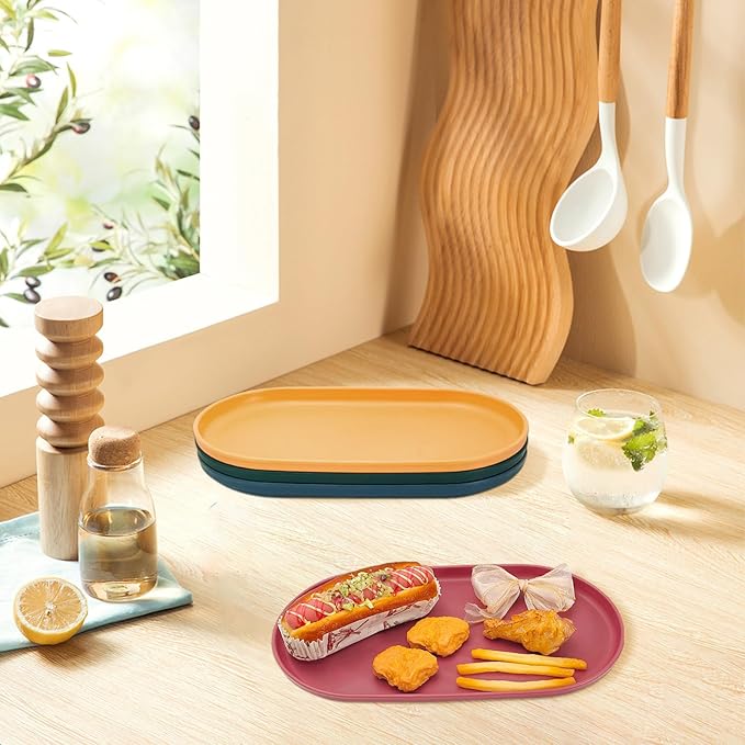 4Pcs Oval Serving Tray, 12 x 6.7in Plastic Tray Food Tray, Colourful Serving Platters for Party Entertaining Snack Dessert Coffee Table, Medium