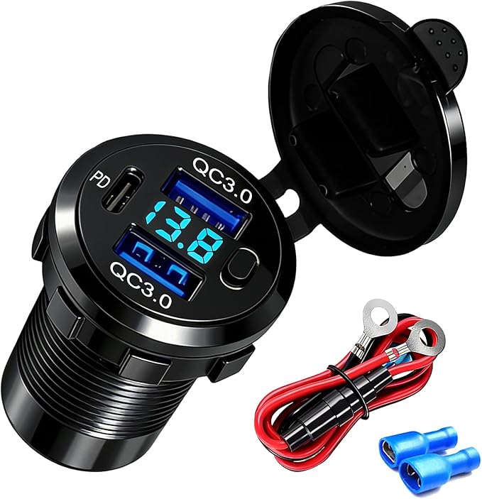 12V USB Dual Port Quick Charge 3.0 and PD3.0 USB-C Car Charger Socket 12V Power Outlet Cigarette Lighter Replacement DIY Kit with Voltage Meter and Switch for Car, Boat, Motorcycle