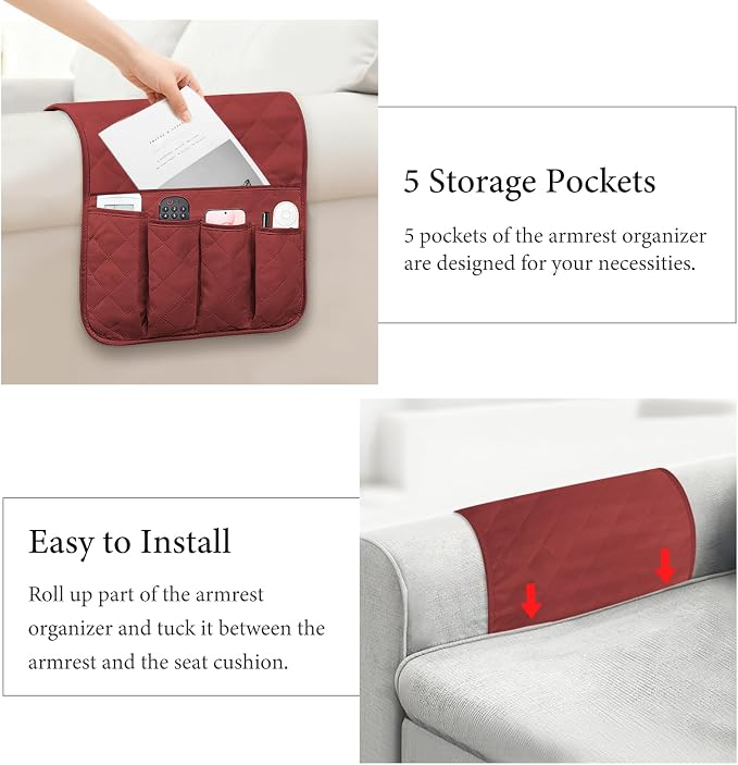 Armchair Caddy for Recliner, Couch Caddy Storage Organizer with 5 Pockets, Non Slip Sofa Arm Organizer for Remote Controls, Phone, Magazines, Tablet (Red)