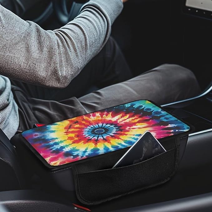 BIGCARJOB Hippie Tie Dye Car Center Console Cover with Side Storage Tie Dye Print Car Accessories Center Console Armrest Cover Auto Center Console Cover Pad,Universal for Most Cars, Trucks, SUVs