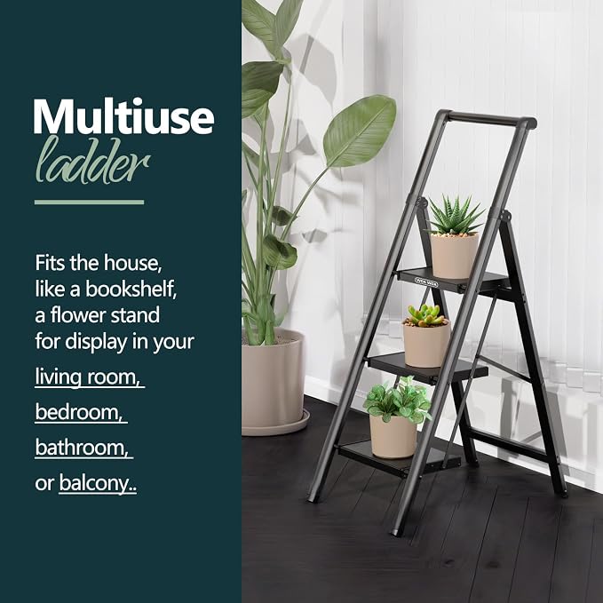 WOA WOA 3 Step Ladder, Ladders for Home, Anti-Slip Pedals, Aluminum Step Stool Foldable, Lightweight to Move, Ease of Storage, Reach 8ft for Closet Kitchen Library, Hold 300lbs - Black