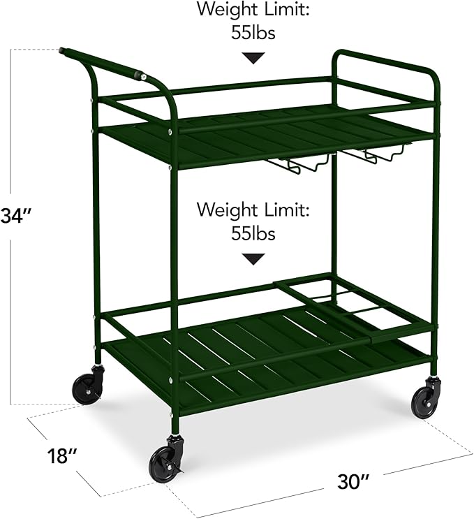 Best Choice Products Rolling Bar Cart, Mobile Home Bar Serving Cart, Serving Station w/ 2 Tier Shelves, Wine Rack, Lockable Wheels - Deep Green