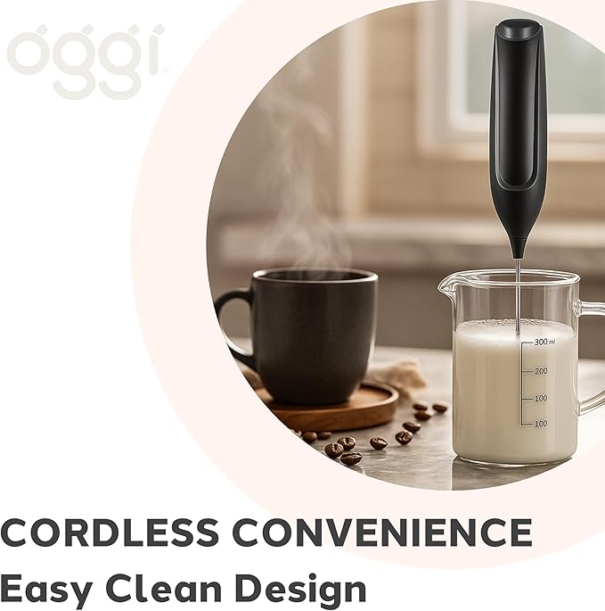 Oggi Handheld Milk Frother, Electric Frother Wand with Stainless Steel Whisk, Mini Whisk for Coffee, Matcha, Latte, Protein, Eggs & More, Battery Operated Compact Frother for Kitchen or Travel, Black