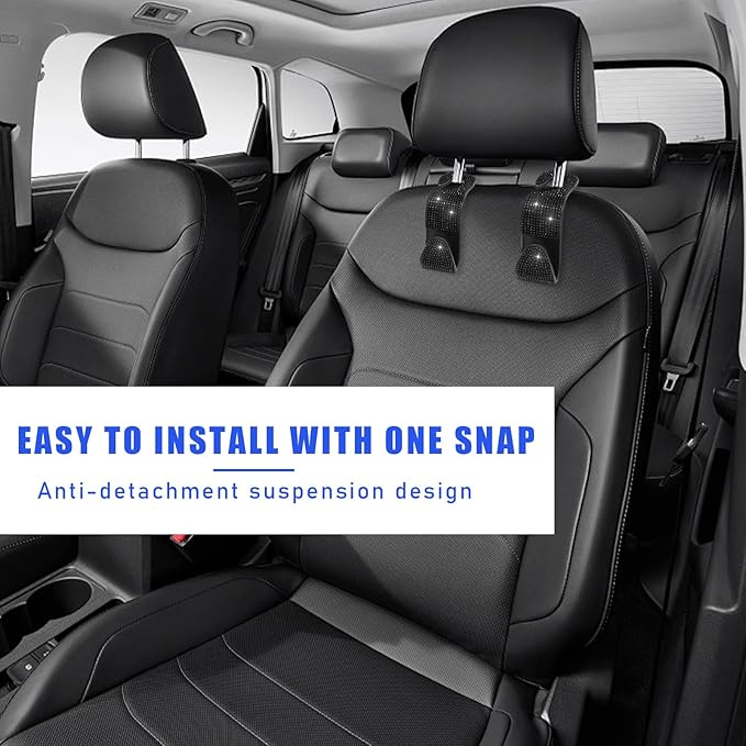 2 PCS Bling Car Seat Headrest Hooks, Crystal Rhinestone Back Seat Hanging Storage Organizer, Vehicle Seat Hanger Holder for Purse Handbag Coat, Interior Car Accessories (Black)