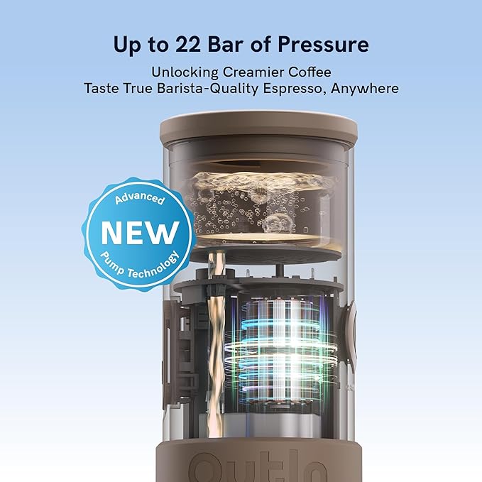 OutIn Mino Portable Electric Espresso Machine, Mini Camping Coffee Maker for Travel, Pocket Sized Coffee Machine Self-Heating, Ground Coffee & NS Capsule Adapter For Adventure