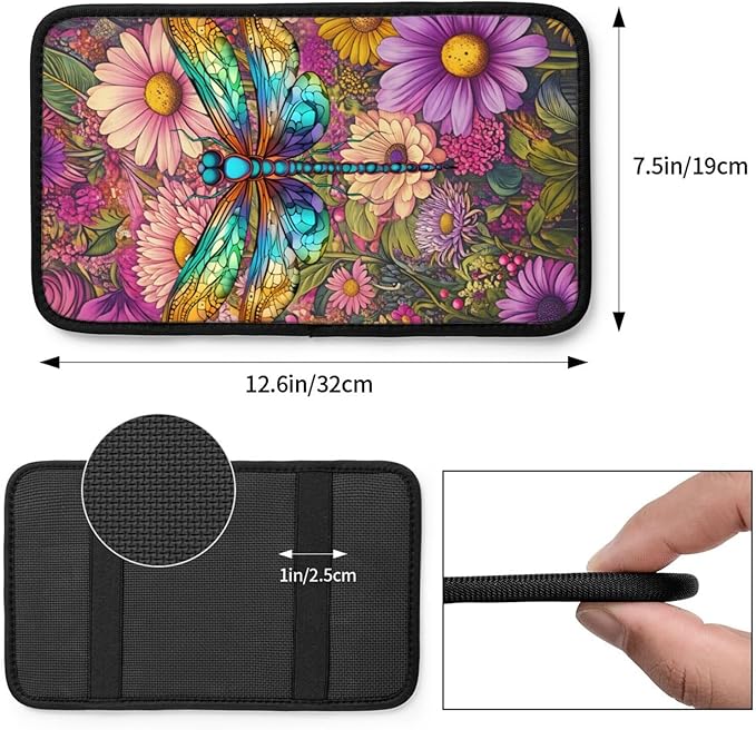 Universal Car Center Console Cushion Pad, Purple Flower Dragonfly Soft Waterproof Car Center Console Cover Auto Armrest Seat Box Cover Protector for Most Vehicle SUV Truck Car