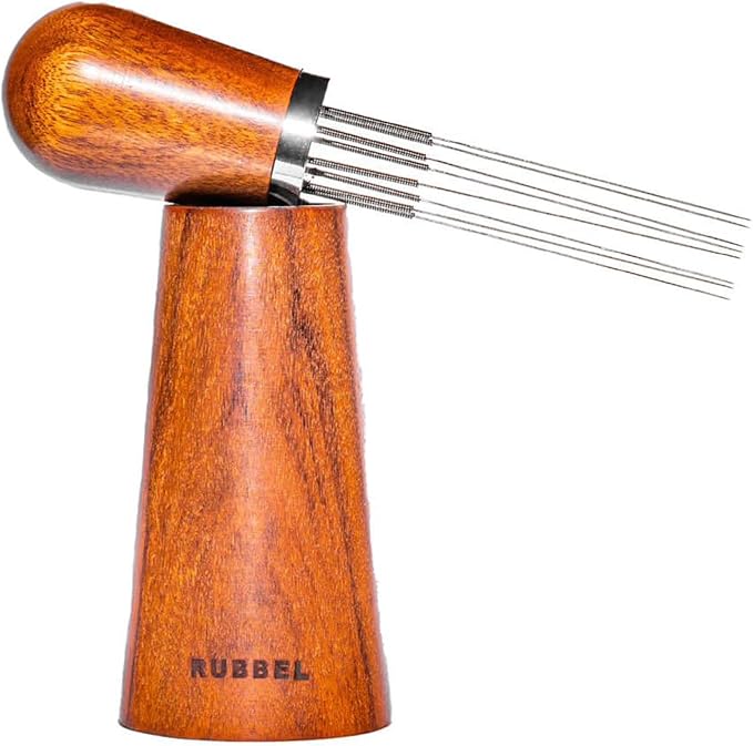 WDT Tool Espresso - Espresso Coffee Stirrer Professional - Stainless Steel 8 Needles 0.35mm - Natural Wood Handle Needle Type - Stand Walnut Stirring Distribution
