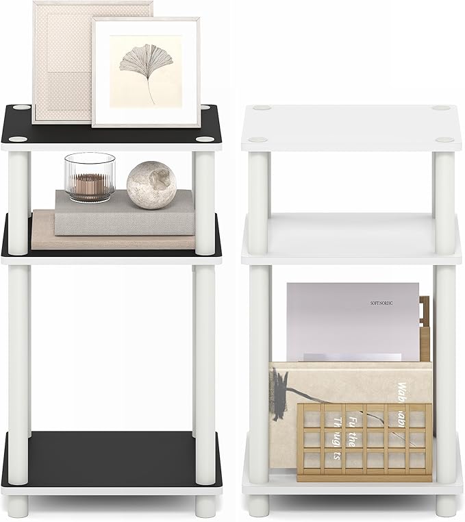 Furinno Turn-N-Tube Side Table, 3-Tier End Table with Open Shelf, Toolless Assembly Night Stand, Bedside Table, for Living Room, Bedroom, White Espresso
