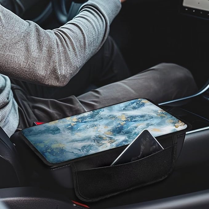 Dreaweet Blue Marble Print Center Console Armrest Cover with Side Pockets Universal Armrest Cover for Car Truck SUV Van,Soft Non-Slip Car Arm Rest Cover Pad