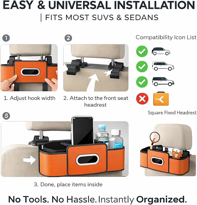 3-in-1 Car Backseat Organizer for SUV & Sedan - Multi-Functional Storage with Cup Holder, Tissue Box & Trash Bag | Includes 1 Pack of 100 Tissues | Holds Phone, Snacks, Drinks (Orange)