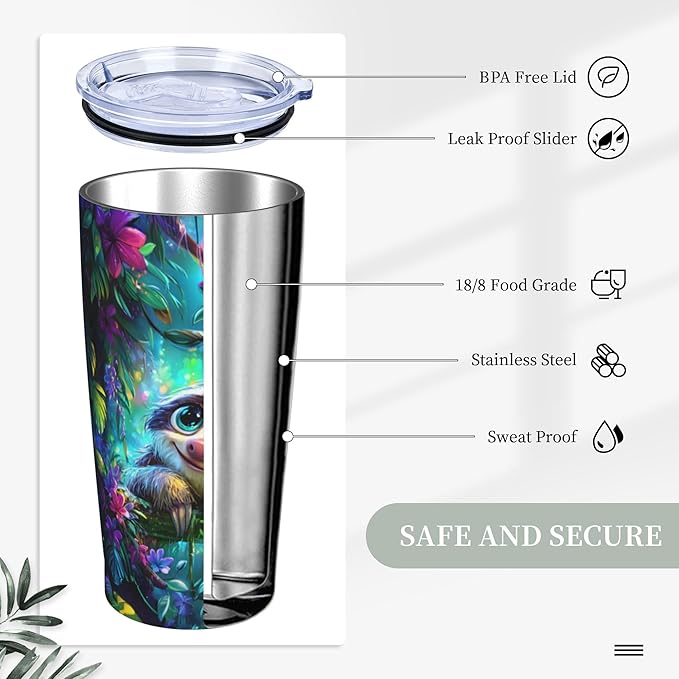 Sloth Tumbler with Lid and Straw 20oz Coffee Tumblers Leakproof Stainless Steel Travel Mug Vacuum Insulated Cup for Iced and Hot