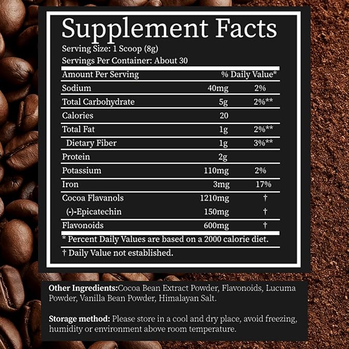 High Flavanol Cocoa Powder, 1200mg Flavanols per Serving, Natural Unsweetened Dutch Cocoa for Baking, Cooking & Beverages, Rich Dark Chocolate Flavor (01)