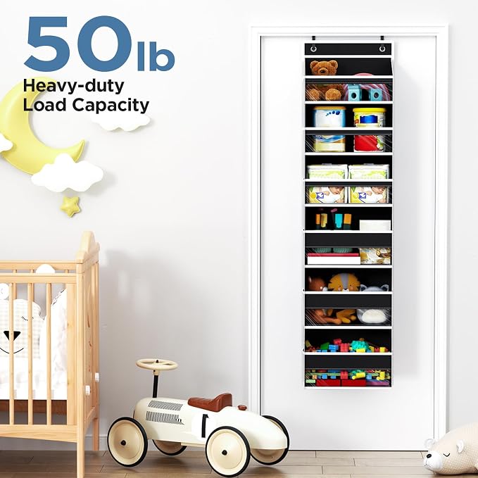 Mefirt 6 Tiers Over The Door Organizer, Heavy Duty Hanging Organizer Storage with Large Capacity Pockets, Behind Door Storage Hanging Shelves for Closet Wall Bathroom Bedroom Nursery Pantry, 1 Black