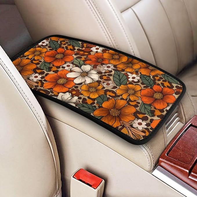 Brown Floral Center Console Cover Boho Hippie Daisy Cute Armrest Covers Soft Cozy Protector Interior Middle Console Lid Cover Pad Leopard Vintage Arm Rest Covers