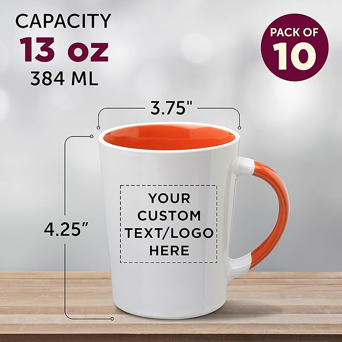 Custom Ceramic Latte Coffee Mugs by Albany 13 oz. Set of 10, Personalized Bulk Pack - Perfect for Coffee, Tea, Espresso, Hot Cocoa, Other Beverages - Orange