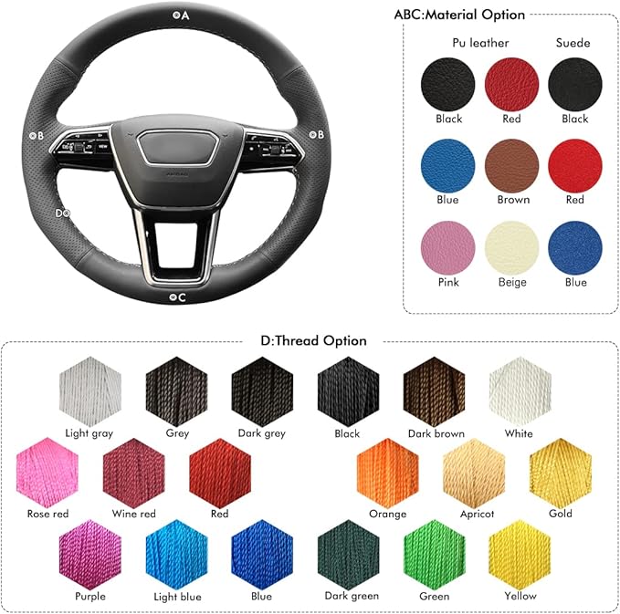 MEWANT Custom Hand Sew Black Genuine Leather Steering Wheel Cover for Audi A6 A6 Allroad A7 RS 6 Avant RS 7 S6 A7