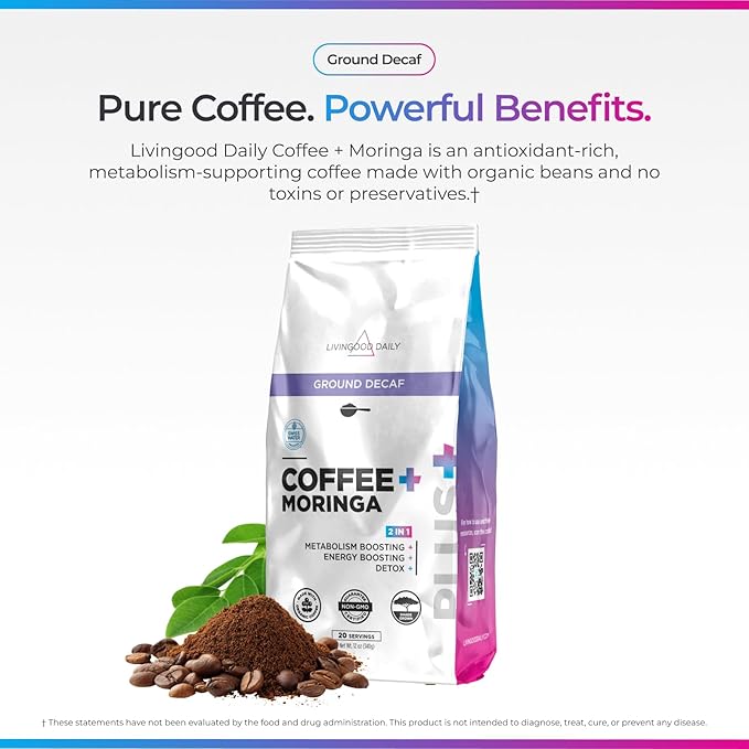 Livingood Daily Coffee with Moringa, Ground Decaf Coffee with Plant Based Ingredients for Daily Wellness, Made with Moringa Powder, Organic, Non GMO, Vegan, Gluten Free, 20 Servings, 12 oz Bag