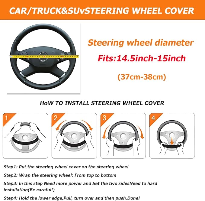 AUCELI Car Steering Wheel Cover, 14 1/2"-15" Leather Non-Slip Breathable Elastic Automotive Steering Wheel Protector, Sporty Car Accessories for Women Men, Universal for SUV, Truck, RV