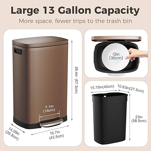 ELPHECO LPHECO Kitchen Trash Can with Lid Soft Close, 13 Gallon / 50L Stainless Steel Pedal Garbage Can, Heavy-Duty Step Wastebasket with 20 Bags, Removable Bucket, Home Office, Kitchen, Brown