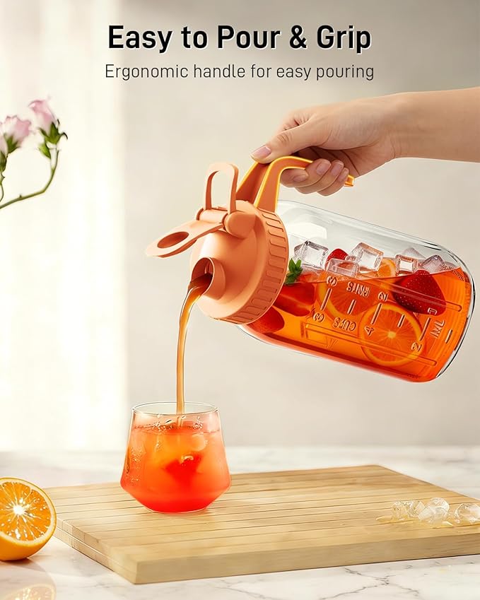 64 oz Glass Pitcher with Lid, Large Wide Mouth Mason Jar with Pour Spout, Orange Sun Tea Glass Jar for Outside, Lemonade Pitcher Great for Drink, Cold Beverages and Breast Milk