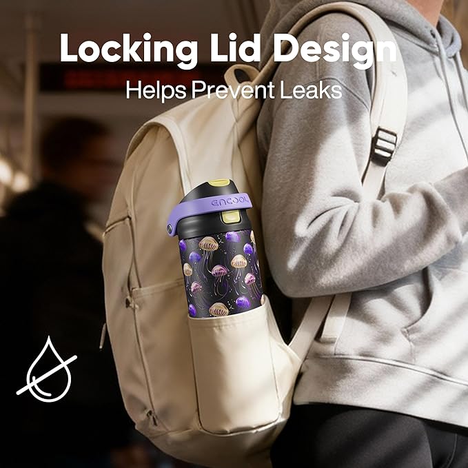 ENCOOL Leakproof Insulated Water Bottle with Straw Dual-Sip Water Bottle Bag-Safe Design for Work, Commute & Gym – Keeps Drinks Cold All Day, 24 oz, Neon Jellyfish