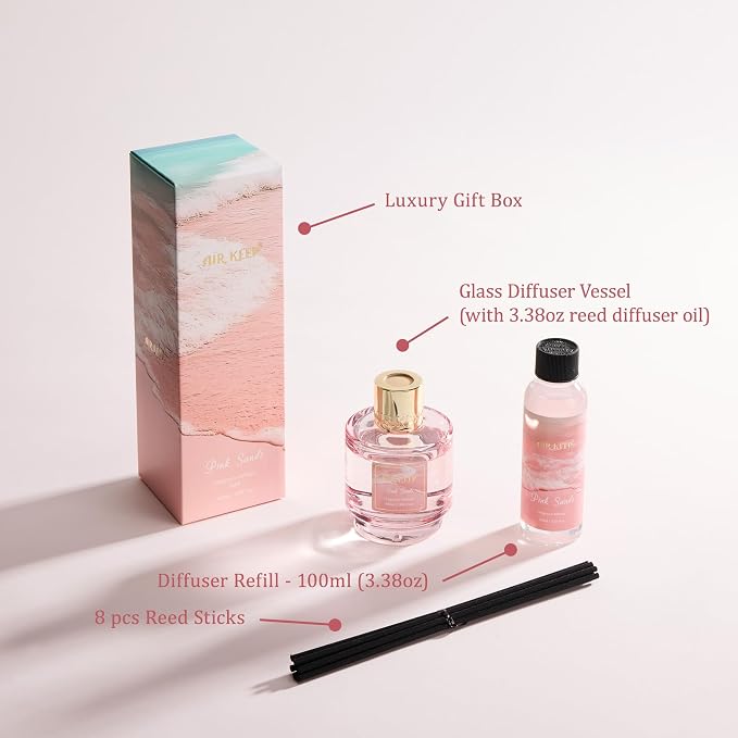 Airkeep Reed Diffuser Set with Refill & 8 Reed Sticks, 6.96 fl oz Pink Sands Home Fragrance, Long Lasting Aromatherapy Diffuser for Bedroom, Bathroom & Living Room
