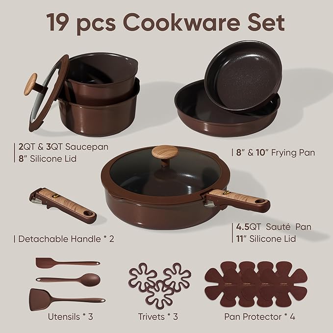 CAROTE Pots and Pans Set, Ceramic Cookware Set Non Stick with Detachable Handle, RV Kitchen Cooking Set, Induction & Oven Safe, Non-Toxic, PFAS and PFOA Free, Dark Choco, 19 Pcs