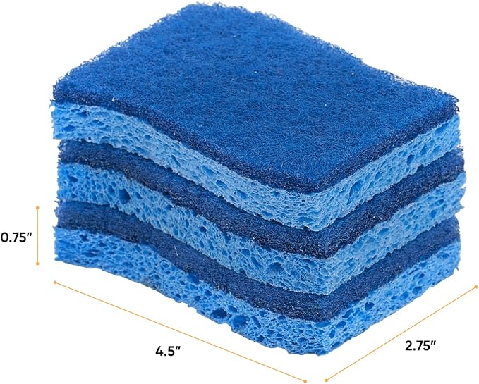 Superio Non-Scratch Cellulose Sponge Scrub (12-Pack) Heavy Duty Kitchen Sponges Scrubbers with Scouring Pad (Blue)