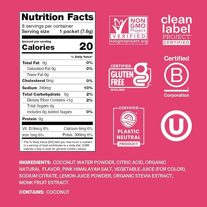 Cure Hydration Plant-Based Electrolyte Drink Mix | No Added Sugar | Dehydration Relief | Coconut Water Powder | FSA-HSA Eligible | Non-GMO, Vegan | 8 Packets – Tropical Punch