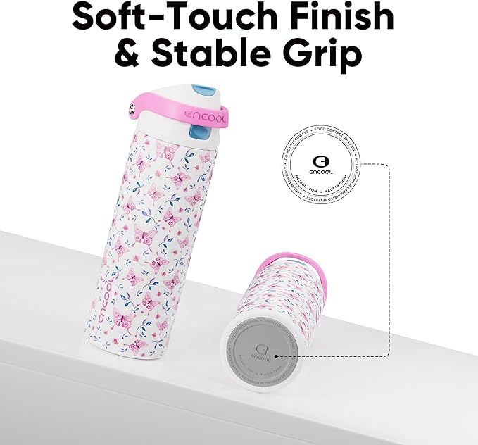 ENCOOL Leakproof Insulated Water Bottle with Straw Dual-Sip Water Bottle Bag-Safe Design for Work, Commute & Gym – Keeps Drinks Cold All Day, 32 oz, Blossom Butterfly