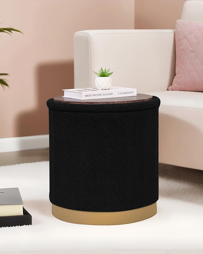 B FSOBEIIALEO Ottoman with Stroage, Round Boucle Storage Ottoman with Gold Plating Base,Foot Rest Stool for Dorm Room, Living Room Black, 16.73"x16.73"x17.72"