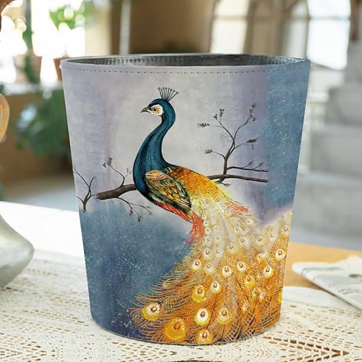 10L/2.64 Gallon Trash Can, Decorative Waste Basket, PU Leather Waste Paper Basket, Waterproof Garbage Can for Bathroom, Bedroom, Office, Kitchen and Living Room - Peacock-6
