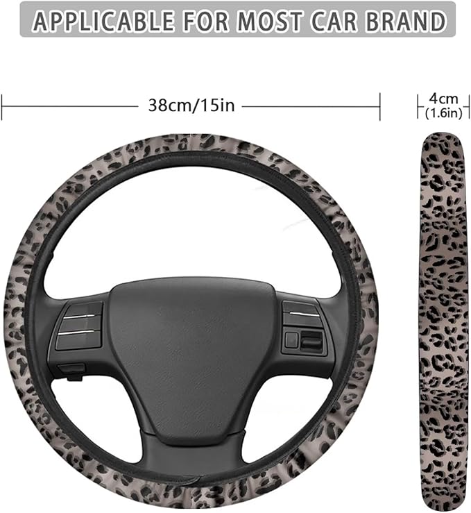 Universal Non-Slip Steering Wheel Cover, 15-inch Polyester Material Driving Accessories, Adjustable for Car and Truck(Vintage Charcoal Leopard)